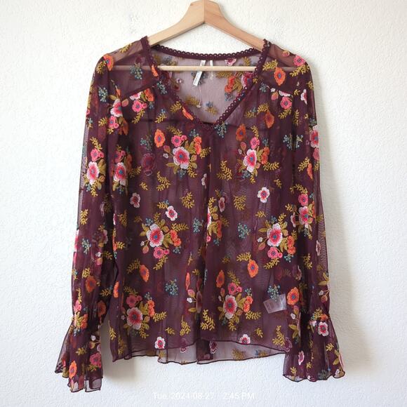 Anthropologie by Feather Bone Floral Embroidered Mesh Blouse Maroon Multi Small - Picture 5 of 9